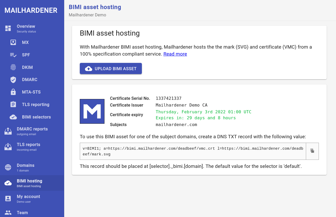 screenshot showing Mailhardener dashboard with hosted BIMI assets