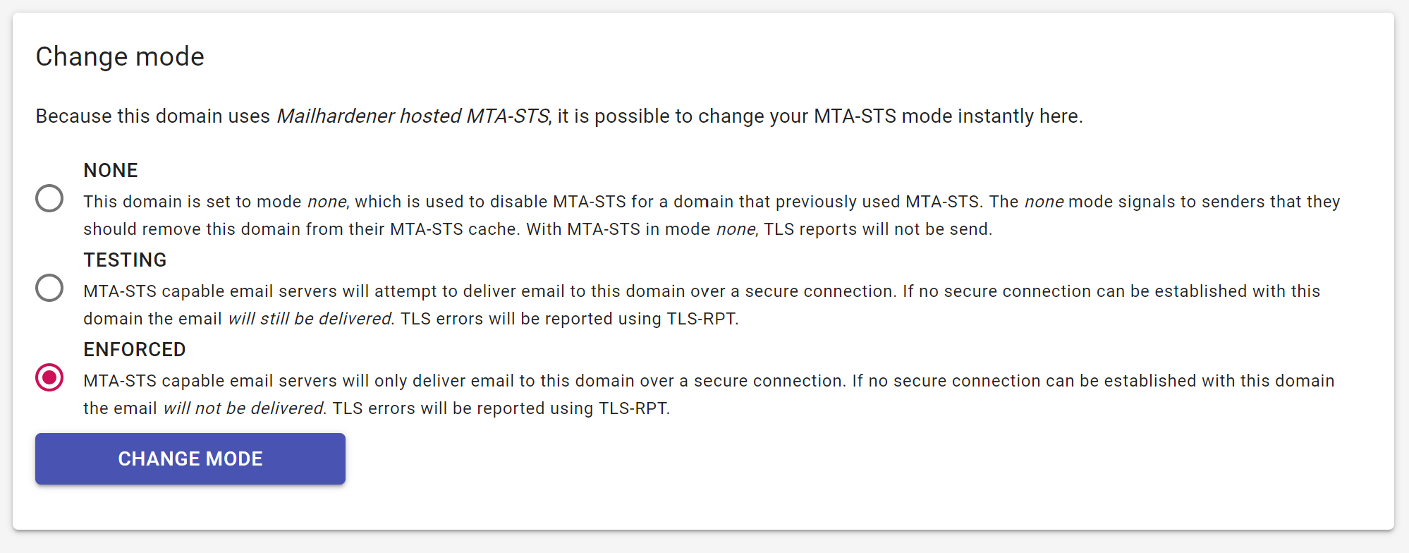 screenshot showing MTA-STS policy selection in the Mailhardener dashboard